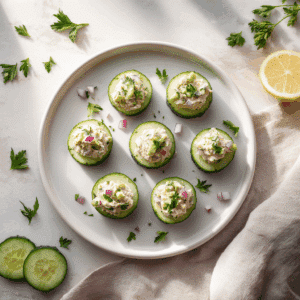 Paleo komkommerschijfjes belegd met een romige tonijnspread, gegarneerd met gesneden rode ui en verse kruiden, verfrissend en kleurrijk gepresenteerd, ideaal als gezonde snack of voorgerecht.
