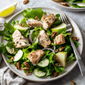 Salade met stukjes makreel, gemengde sla, komkommer, appel en rode ui, geserveerd met noten op een licht bord. Een frisse en voedzame Paleo makreelsalade vol omega-3, knapperige groenten en natuurlijke smaken.