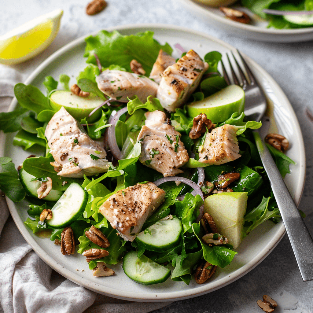 Salade met stukjes makreel, gemengde sla, komkommer, appel en rode ui, geserveerd met noten op een licht bord. Een frisse en voedzame Paleo makreelsalade vol omega-3, knapperige groenten en natuurlijke smaken.