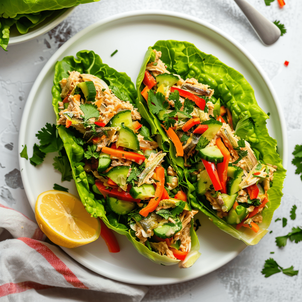 Paleo makreelwraps in knapperige slabladeren gevuld met romige makreel, komkommer, paprika, wortel en verse kruiden, geserveerd met citroen. Een lichte omega 3 rijke maaltijd met veel kleur en knapperige groenten.