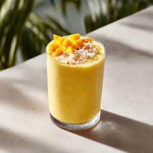 Gezonde Paleo mango kokos smoothie met romige kokosmelk en tropische mango, perfect als ontbijt of verfrissende snack.