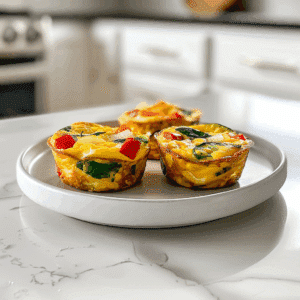 Paleo Mini Ei Muffins met Groenten, gevuld met spinazie, paprika en courgette. Deze kleurrijke en voedzame muffins zijn perfect voor een gezond ontbijt of snack.