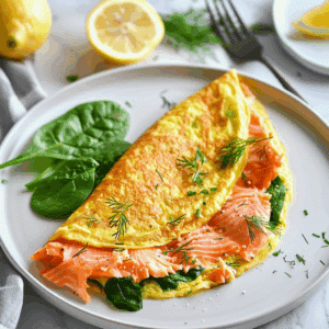 Luchtige Paleo omelet gevuld met zachte zalm en verse spinazie, afgewerkt met dille en bieslook en omringd door citroen en kruiden. Een eiwitrijk en omega 3 rijk ontbijt dat licht, gezond en vol smaak is.