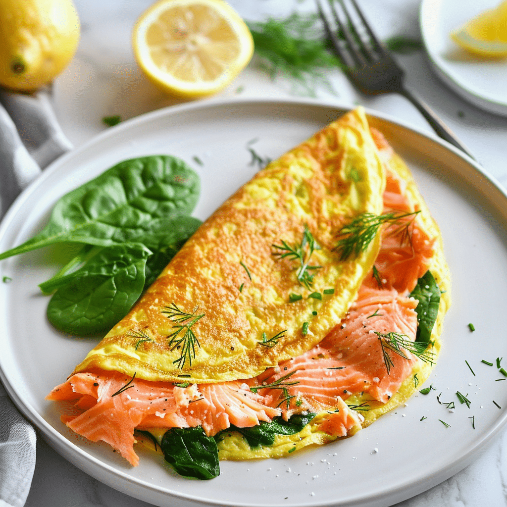 Luchtige Paleo omelet gevuld met zachte zalm en verse spinazie, afgewerkt met dille en bieslook en omringd door citroen en kruiden. Een eiwitrijk en omega 3 rijk ontbijt dat licht, gezond en vol smaak is.