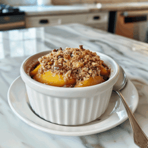 Paleo perzik crumble met sappige perzikpartjes en een goudbruine, knapperige amandel-kokos topping, een gezonde glutenvrije en zuivelvrije zomertraktatie met pure ingrediënten.