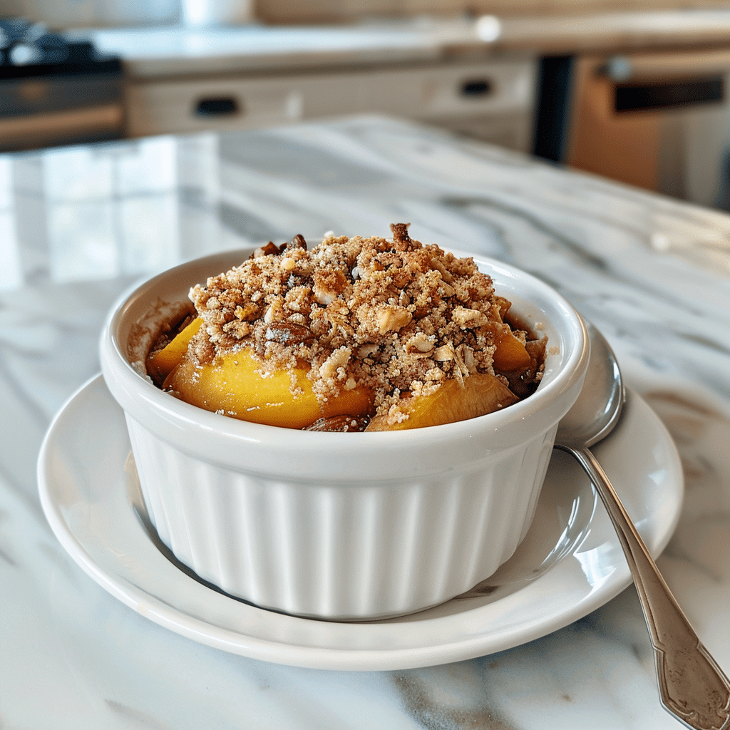 Paleo perzik crumble met sappige perzikpartjes en een goudbruine, knapperige amandel-kokos topping, een gezonde glutenvrije en zuivelvrije zomertraktatie met pure ingrediënten.