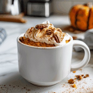 Luchtige Paleo pompoenkruiden mugcake met romige kokosslagroom en pecannoten bovenop.