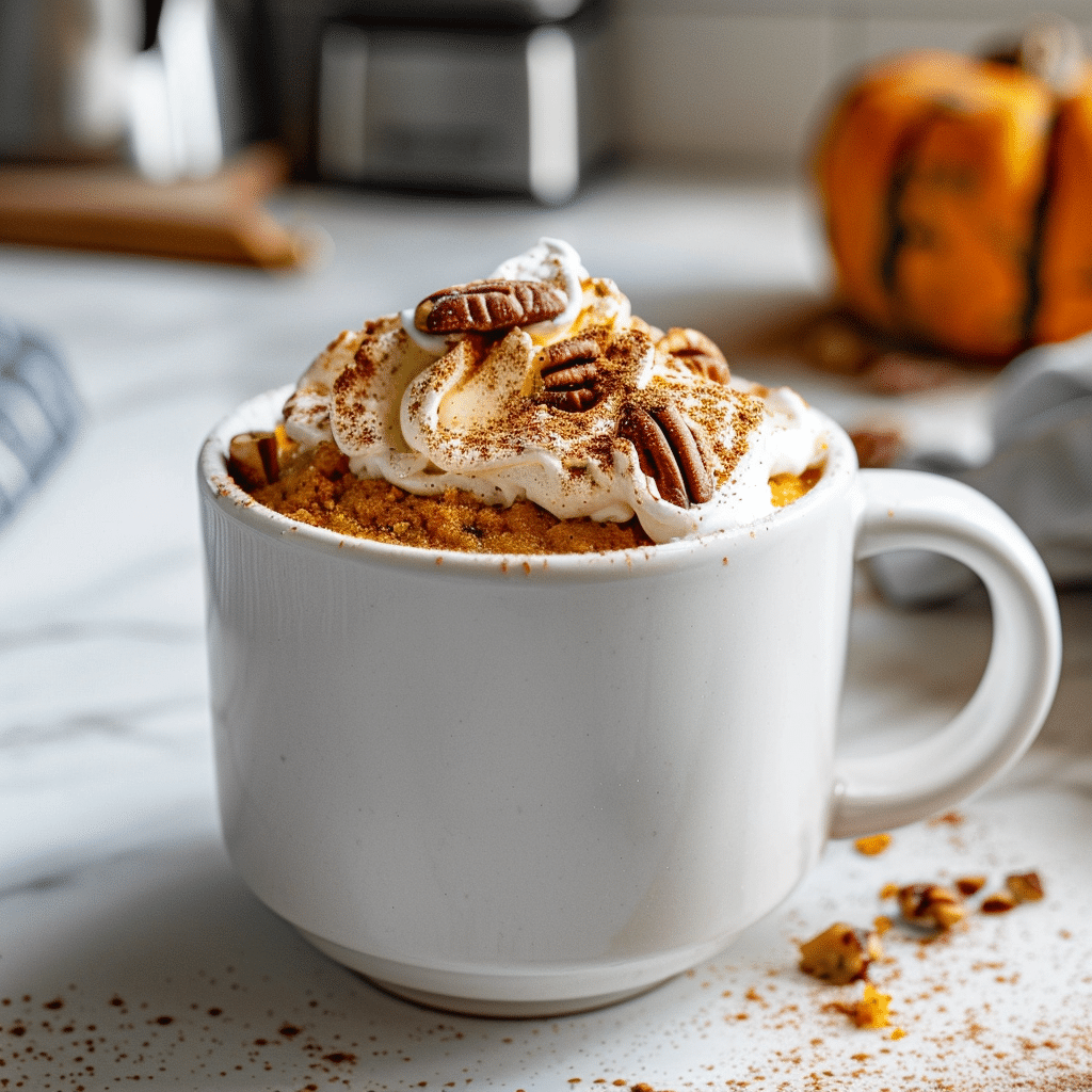 Luchtige Paleo pompoenkruiden mugcake met romige kokosslagroom en pecannoten bovenop.