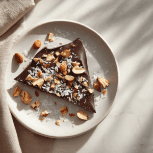 Pure chocolade bark met gehakte noten en kokosrasp als gezonde paleo snack met rijke smaak en knapperige textuur.