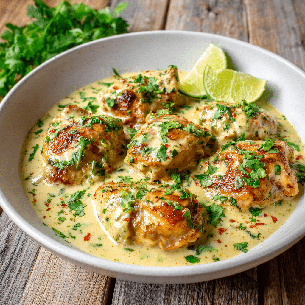 Romige Paleo kokoskip in een kruidige kokos limoensaus, geserveerd met verse koriander en sappige limoenpartjes.