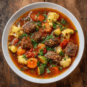 Paleo runderstoof met groenten, gevuld met mals gestoofd rundvlees, wortel, courgette, bloemkool en tomaat in een rijke bouillon. Een gezonde, glutenvrije en voedzame stoofschotel boordevol smaak, perfect als verwarmend Paleo hoofdgerecht.