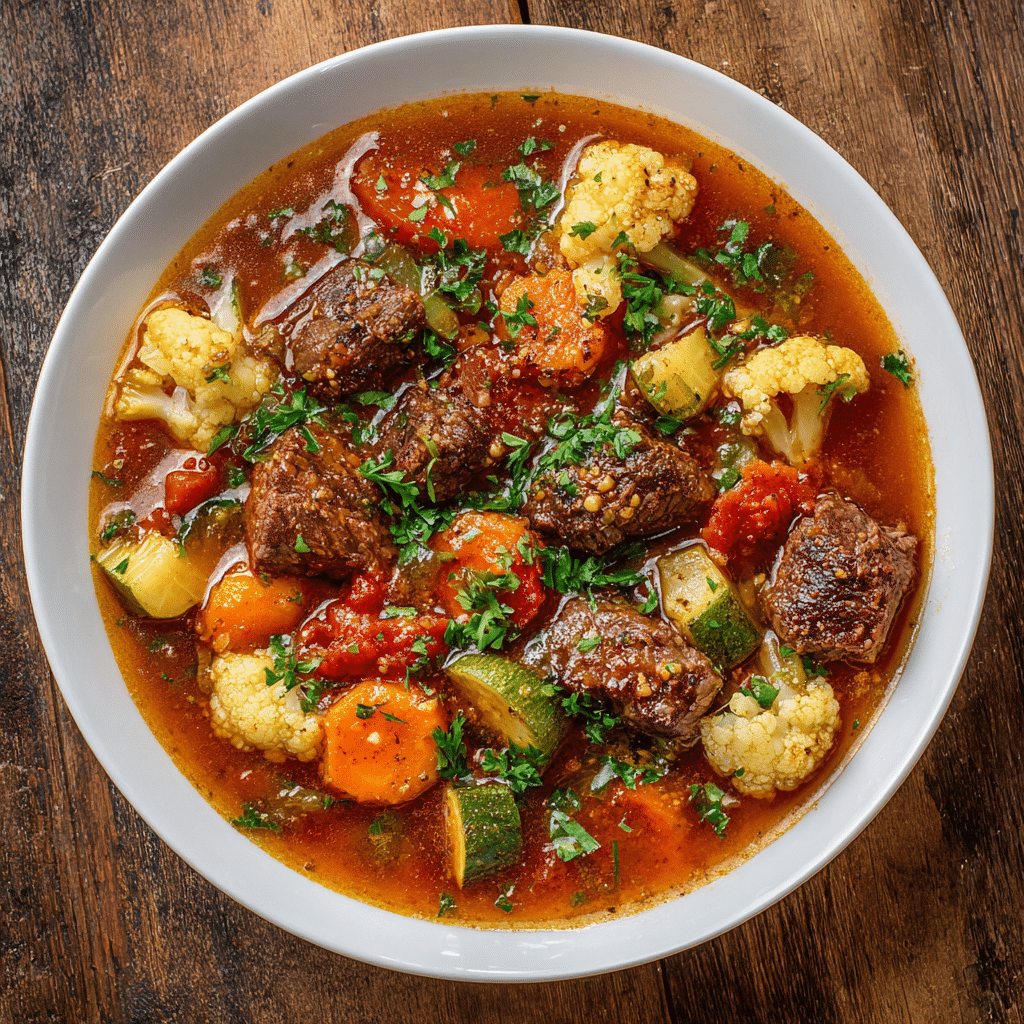 Paleo runderstoof met groenten, gevuld met mals gestoofd rundvlees, wortel, courgette, bloemkool en tomaat in een rijke bouillon. Een gezonde, glutenvrije en voedzame stoofschotel boordevol smaak, perfect als verwarmend Paleo hoofdgerecht.