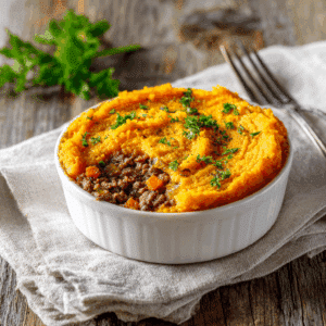 Paleo Shepherd’s Pie met zoete aardappelpuree en een hartige gehaktvulling, afgewerkt met verse peterselie.