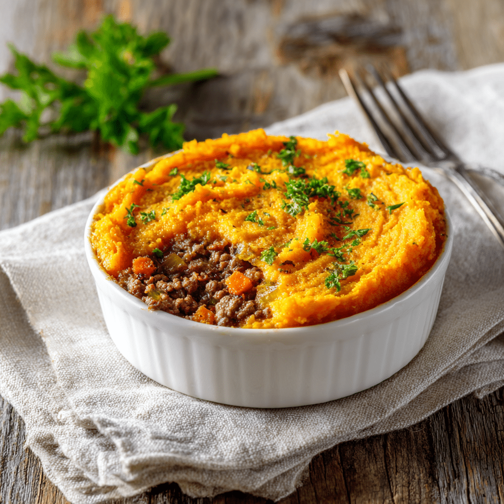 Paleo Shepherd’s Pie met zoete aardappelpuree en een hartige gehaktvulling, afgewerkt met verse peterselie.
