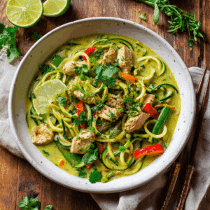 Paleo Thaise groene curry met courgettini, kip, paprika en verse kruiden in een romige kokosmelksaus, een lichte koolhydraatarme en zuivelvrije maaltijd vol frisse en aromatische smaken.