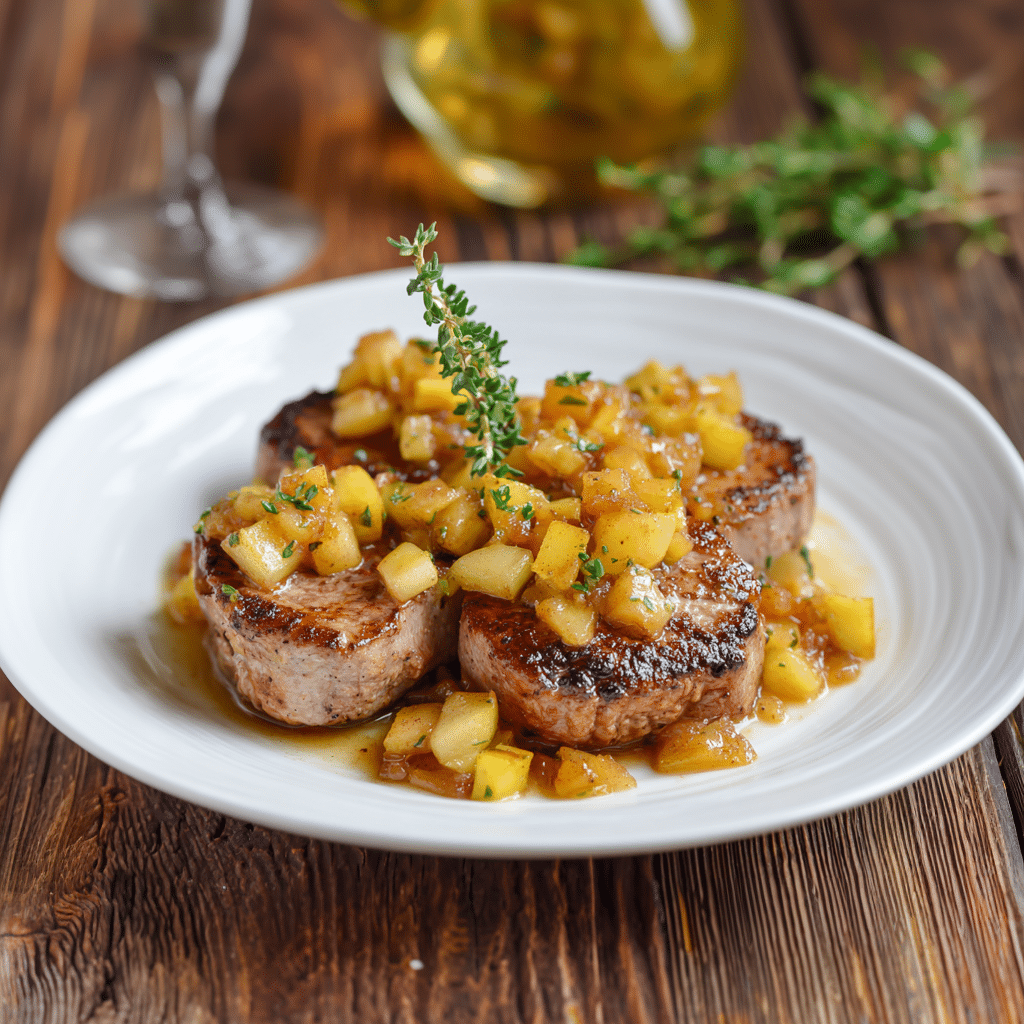 Paleo varkenshaas met warme appelcompote, perfect goudbruin gebakken en geserveerd met stukjes gekaramelliseerde appel en verse tijm voor een gezonde, glutenvrije en suikervrije maaltijd.