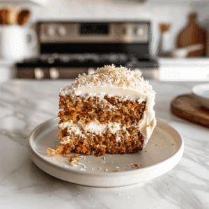 Smeuïge paleo worteltaart met romige kokosfrosting en zichtbare stukjes wortel.