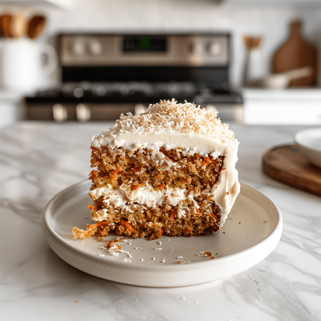 Smeuïge paleo worteltaart met romige kokosfrosting en zichtbare stukjes wortel.