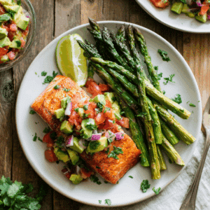 Paleo zalm met avocadosalsa en gegrilde asperges. Perfect gegaarde zalmfilet met een frisse salsa van avocado, tomaat, rode ui en limoen.