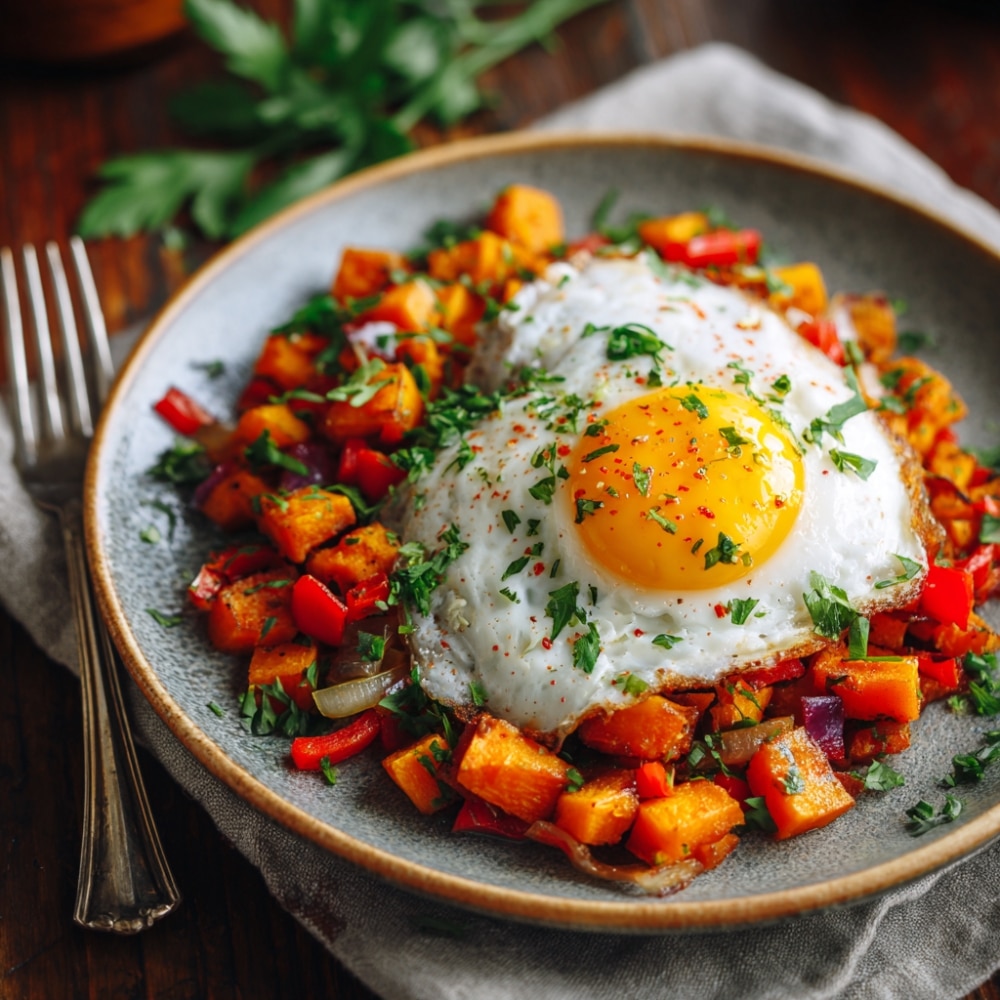 Paleo zoete aardappel hash met gebakken ei, paprika en ui, glutenvrij en gezond ontbijt in Nederland voedzaam, hartig en eiwitrijk gerecht