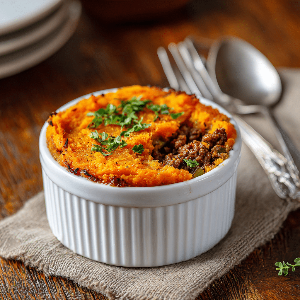 Paleo zoete aardappel en gehakt ovenschotel met romige zoete aardappelpuree bovenop hartig gekruid rundergehakt, een gezonde glutenvrije en zuivelvrije comfortmaaltijd.