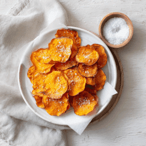 Zelfgemaakte zoete aardappelchips, bestrooid met zeezout. De chips zijn krokant en goudbruin.
