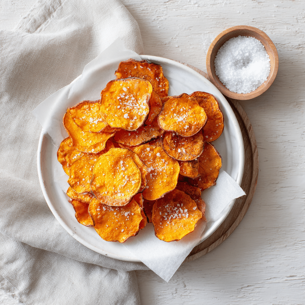 Zelfgemaakte zoete aardappelchips, bestrooid met zeezout. De chips zijn krokant en goudbruin.