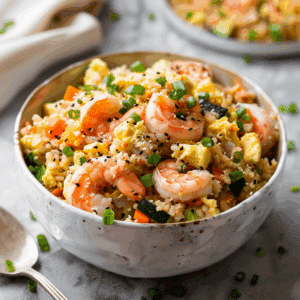 Kom met Paleo gebakken bloemkoolrijst met garnalen, gemengd met wortel, courgette, ui en stukjes ei, afgemaakt met lente ui en sesamzaad. Een lichte en gezonde roerbakschotel vol kleur, smaak en eiwitten.