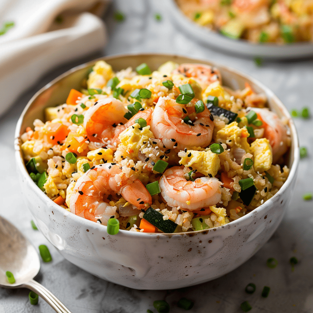 Kom met Paleo gebakken bloemkoolrijst met garnalen, gemengd met wortel, courgette, ui en stukjes ei, afgemaakt met lente ui en sesamzaad. Een lichte en gezonde roerbakschotel vol kleur, smaak en eiwitten.