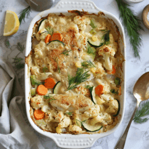 Ovenschaal gevuld met Paleo kabeljauw ovenschotel, gemaakt met malse stukken kabeljauw, bloemkoolroosjes, wortel, courgette en ui in een romige kokosmelksaus. De bovenkant is licht goudbruin gebakken en gegarneerd met verse dille voor extra frisheid. Een voedzame en zuivelvrije visovenschotel die er rijk, romig en huisgemaakt uitziet en perfect past binnen een gezond Paleo eetpatroon.