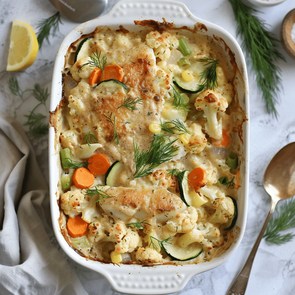 Ovenschaal gevuld met Paleo kabeljauw ovenschotel, gemaakt met malse stukken kabeljauw, bloemkoolroosjes, wortel, courgette en ui in een romige kokosmelksaus. De bovenkant is licht goudbruin gebakken en gegarneerd met verse dille voor extra frisheid. Een voedzame en zuivelvrije visovenschotel die er rijk, romig en huisgemaakt uitziet en perfect past binnen een gezond Paleo eetpatroon.