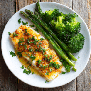 Paleo kabeljauw uit de oven met knoflook en paprikapoeder, geserveerd met groene asperges en broccoli. De vis is mals en goudkleurig met verse peterselie bovenop, een lichte eiwitrijke maaltijd boordevol smaak en gezonde groenten.