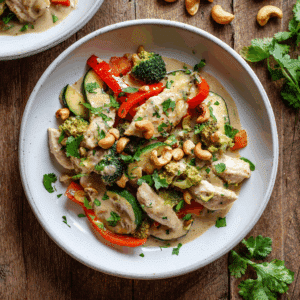 Paleo kip roerbak met cashewsaus gevuld met broccoli, paprika en courgette, gegarneerd met geroosterde cashewnoten en verse koriander.
