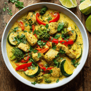 Paleo kokos curry met kip, broccoli, paprika en courgette in een romige gele kokossaus, gegarneerd met verse koriander. Een voedzame eiwitrijke curry boordevol groenten en rijke kruidige smaken.