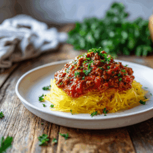 Paleo spaghetti pompoen met bolognesesaus gemaakt van mager rundergehakt en gezeefde tomaten, geserveerd op goudgele pompoen slierten en gegarneerd met verse peterselie.