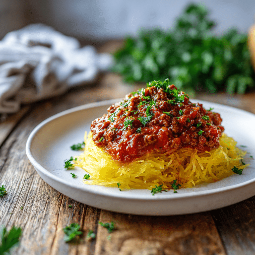 Paleo spaghetti pompoen met bolognesesaus gemaakt van mager rundergehakt en gezeefde tomaten, geserveerd op goudgele pompoen slierten en gegarneerd met verse peterselie.