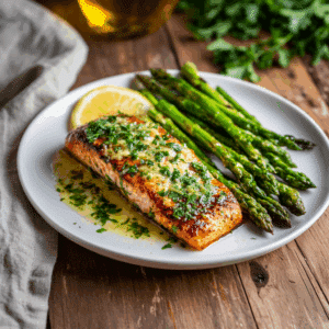 Paleo zalm met knoflookghee en verse kruiden geserveerd met geroosterde asperges en citroen. De zalm heeft een goudbruine korst en is overgoten met een romige knoflooksaus. Perfect voorbeeld van een snelle gezonde eenpansmaaltijd rijk aan eiwitten en gezonde vetten.