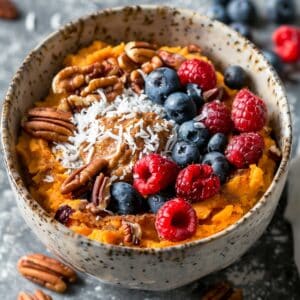 Gezonde paleo zoete aardappel ontbijtbowl met avocado, spinazie en noten, voedzaam en kleurrijk ontbijt, ideaal voor een gezond begin van de dag in Nederland
