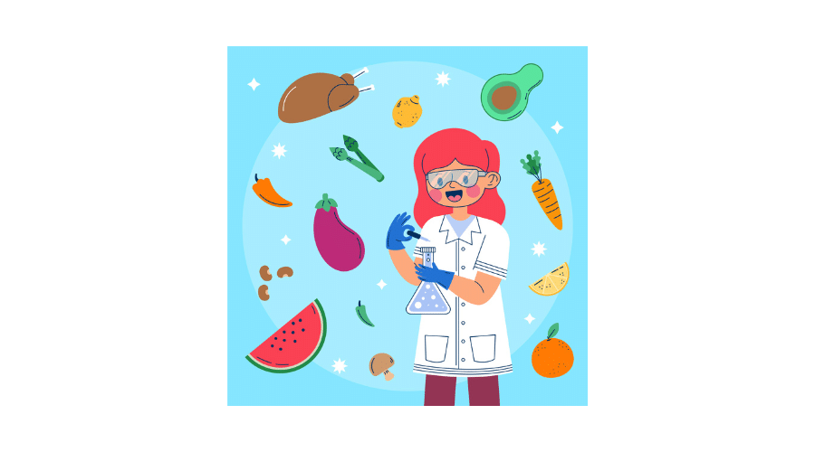 Illustratie van een wetenschapper die onderzoek doet naar pure voeding zoals groenten, fruit, noten en gezonde vetten. De afbeelding laat zien hoe wetenschap en natuurlijke producten samenkomen binnen het paleo onderwerp.