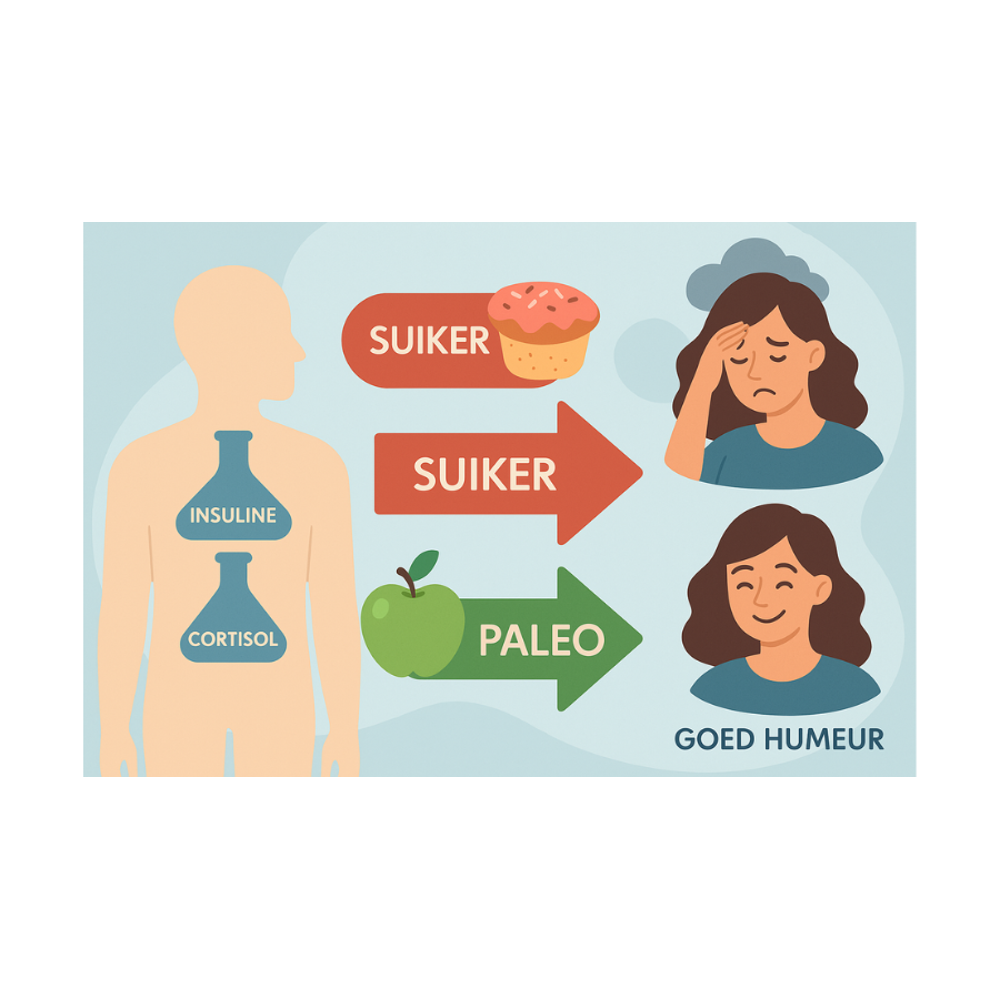 Een illustratie die laat zien hoe suiker invloed heeft op hormonen zoals insuline en cortisol en hoe een paleo voedingspatroon zorgt voor meer rust minder stress en een beter humeur.
