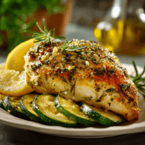 Ovengebakken kip met knoflook, citroen en kruiden op een bakplaat