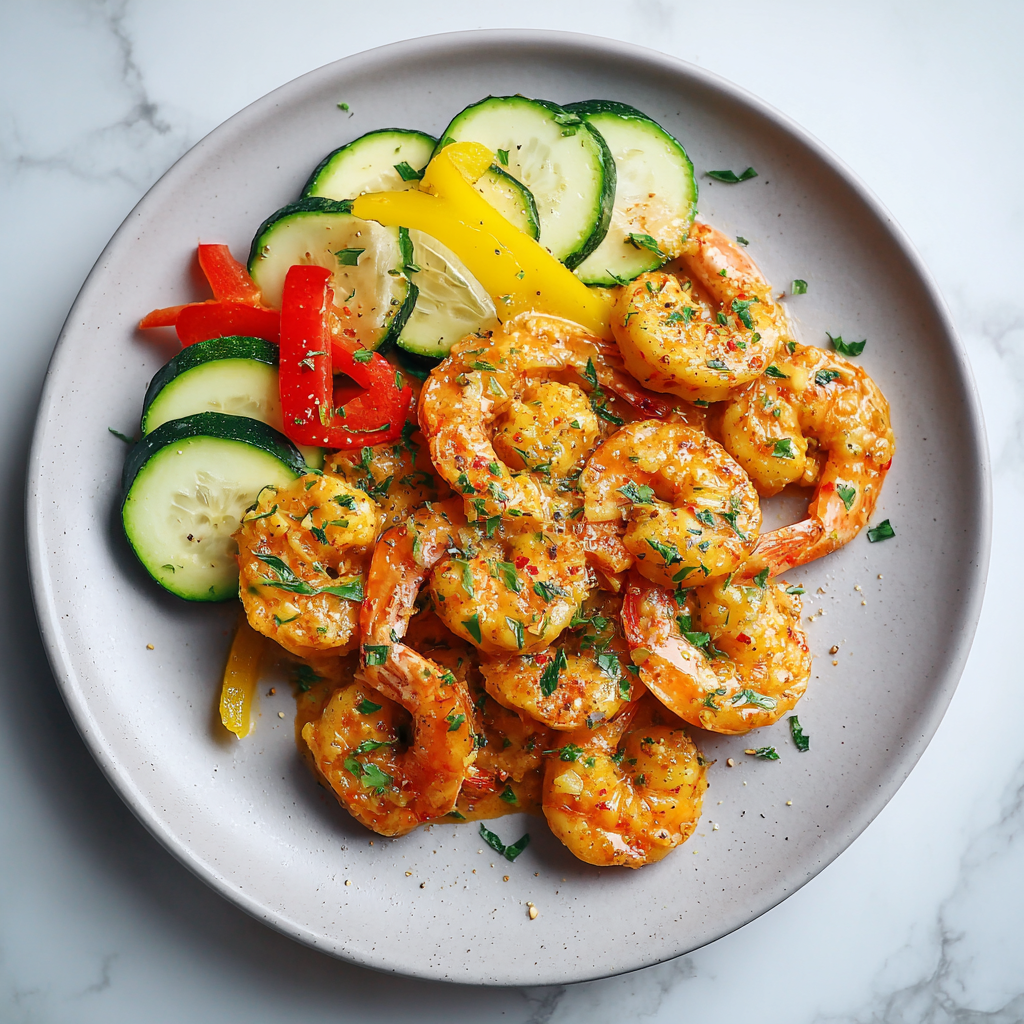 Paleo garnalen in romige kokossaus, licht gebakken en geserveerd met een zachte, tropische uitstraling.