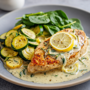Paleo kipfilet geserveerd in een romige citroensaus, licht goudbruin gebakken en afgewerkt met frisse citroentonen.