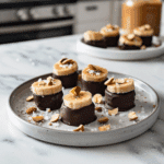 Bevroren banaan bites met amandelboter, deels omhuld met pure chocolade en bestrooid met grof zeezout en stukjes amandel. De romige banaan contrasteert met de donkere chocolade voor een frisse, luxe uitstraling.