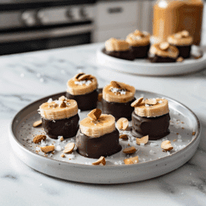 Bevroren banaan bites met amandelboter, deels omhuld met pure chocolade en bestrooid met grof zeezout en stukjes amandel. De romige banaan contrasteert met de donkere chocolade voor een frisse, luxe uitstraling.