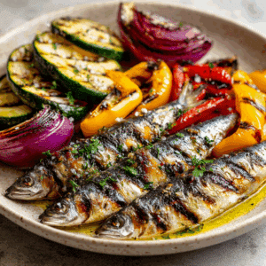 Gegrilde paleo groenten geserveerd met sardines uit de Middellandse Zee, kleurrijk bord met paprika, courgette en aubergine, gezonde eiwitrijke maaltijd rijk aan omega-3 en vezels, perfect voor een voedzaam diner in Nederland.