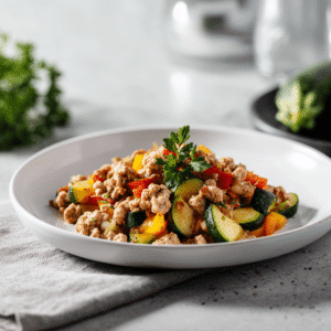 Paleo gerecht van kipgehakt met verse groenten, eiwitrijk en gezond, bereid in een Nederlandse keuken als snelle, voedzame maaltijd.