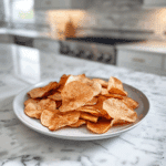 Knapperige geroosterde appelschijfjes bestrooid met kaneel, lichtbruin en goudkleurig, perfect gebakken tot een gezonde, zoete snack.