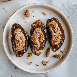 Drie medjooldadels, elk gevuld met romige amandelboter en bestrooid met grove zeezoutvlokken en stukjes amandel.