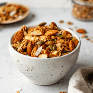Paleo Granola Clusters met amandelen, pompoenpitten, zonnebloempitten, kokosvlokken en andere noten. De granola is goudbruin, knapperig en vol van textuur, ideaal als gezonde snack of ontbijt.
